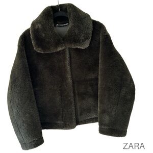 ZARA | NWOT FAUX FUR JACKET ZW COLLECTION DARK GREEN KHAKI TEDDY COAT | EXTRA SM